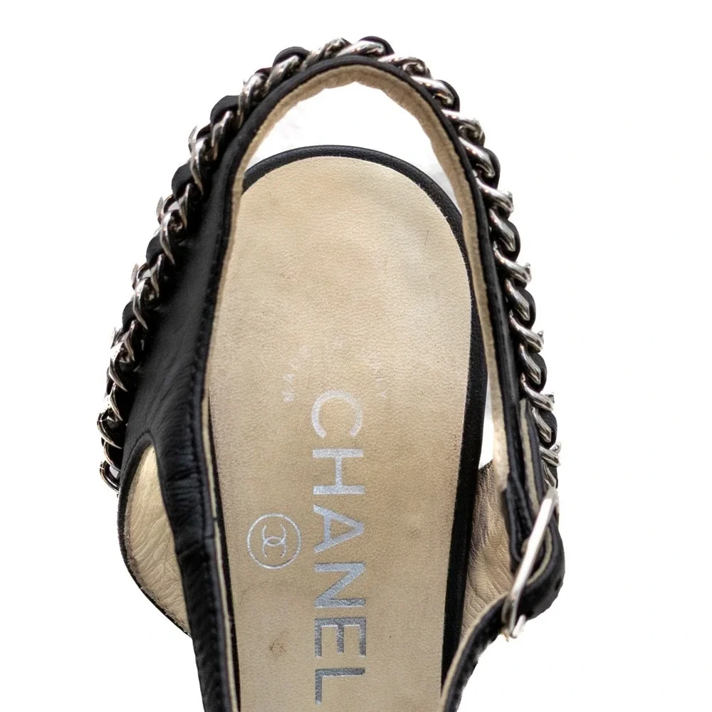 Chanel Black Leather Chain Strap Heeled Sandals US 8.5 Ankle Strap CC Logo‎